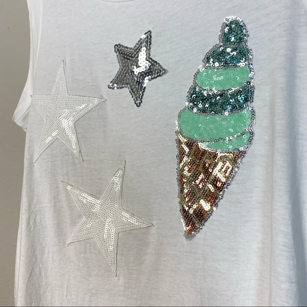 Koch Stars & Ice Cream Sequin White Cotton Tank